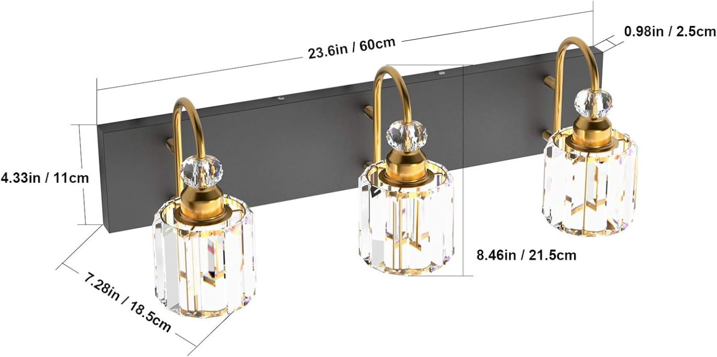 Modern Bathroom Vanity Light Fixture, 3-Lights, Black Metal & Crystal