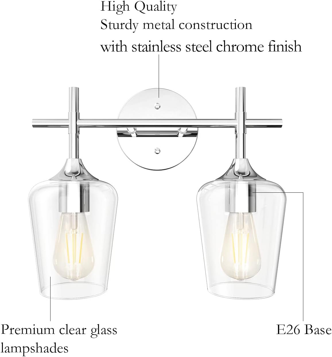 Chrome Bathroom Light Fixtures 2-Lights with Clear Glass Modern Wall Mount Lighting Industrial Farmhouse Bathroom Vanity Lights Wall Sconce Chrome