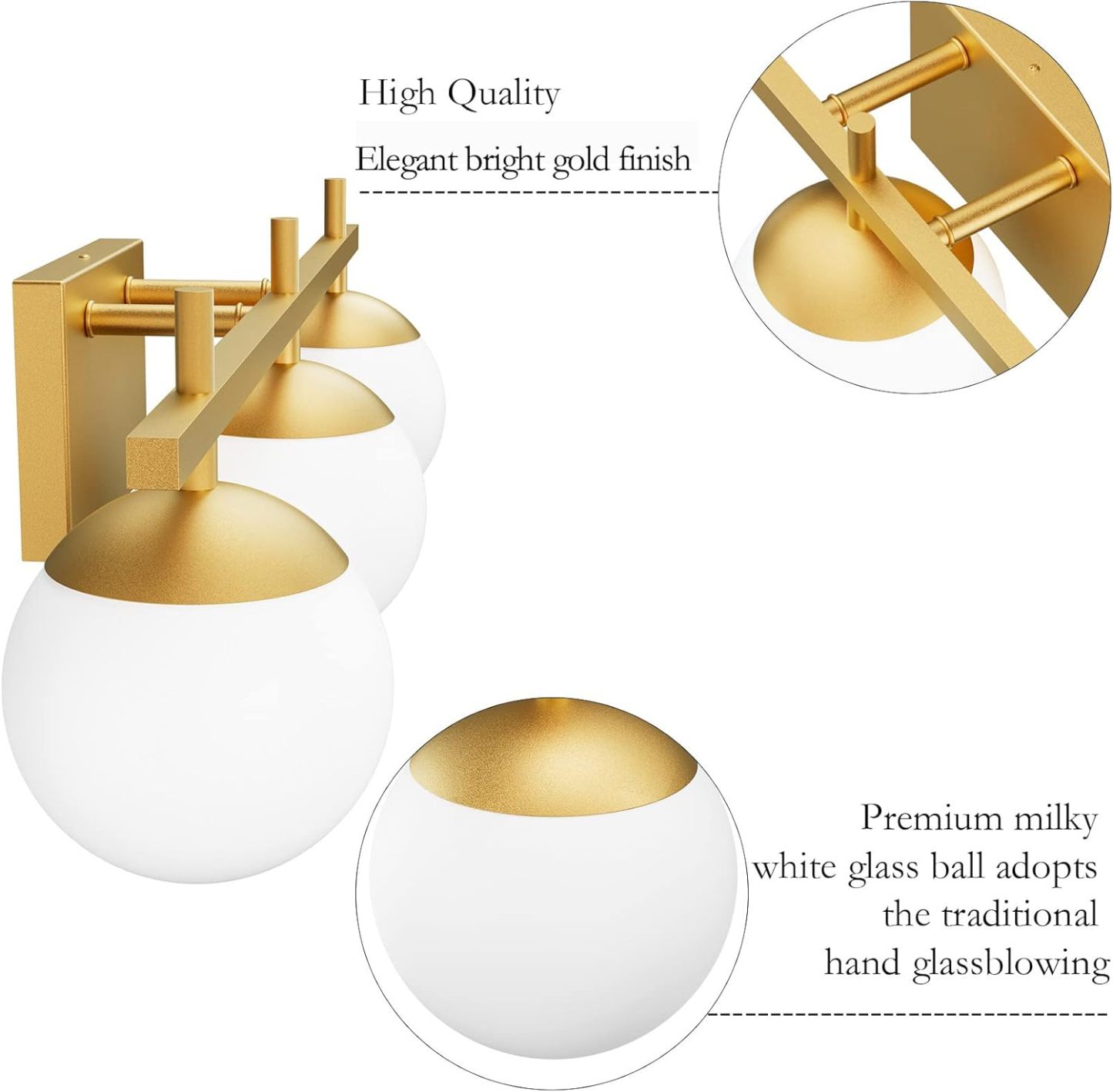 Mid Century Modern Gold Bathroom Light Fixtures 3-Light Gold Milky Glass Modern Bathroom Vanity Lights Over Mirror, Gold Wall Light for Bathroom (Exclude Bulb)