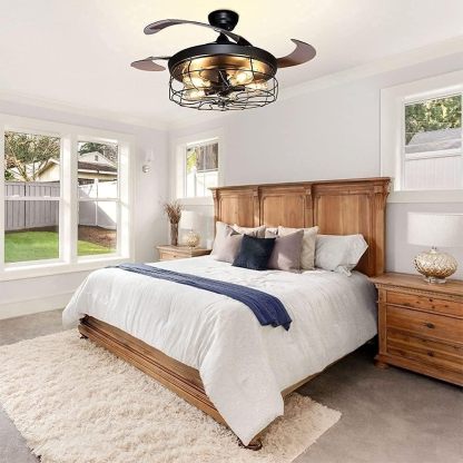 Ceiling Fan with Lights-42 Industrial Ceiling Fan with Retractable Blades, Vintage Cage Ceiling Light Fixture with Remote