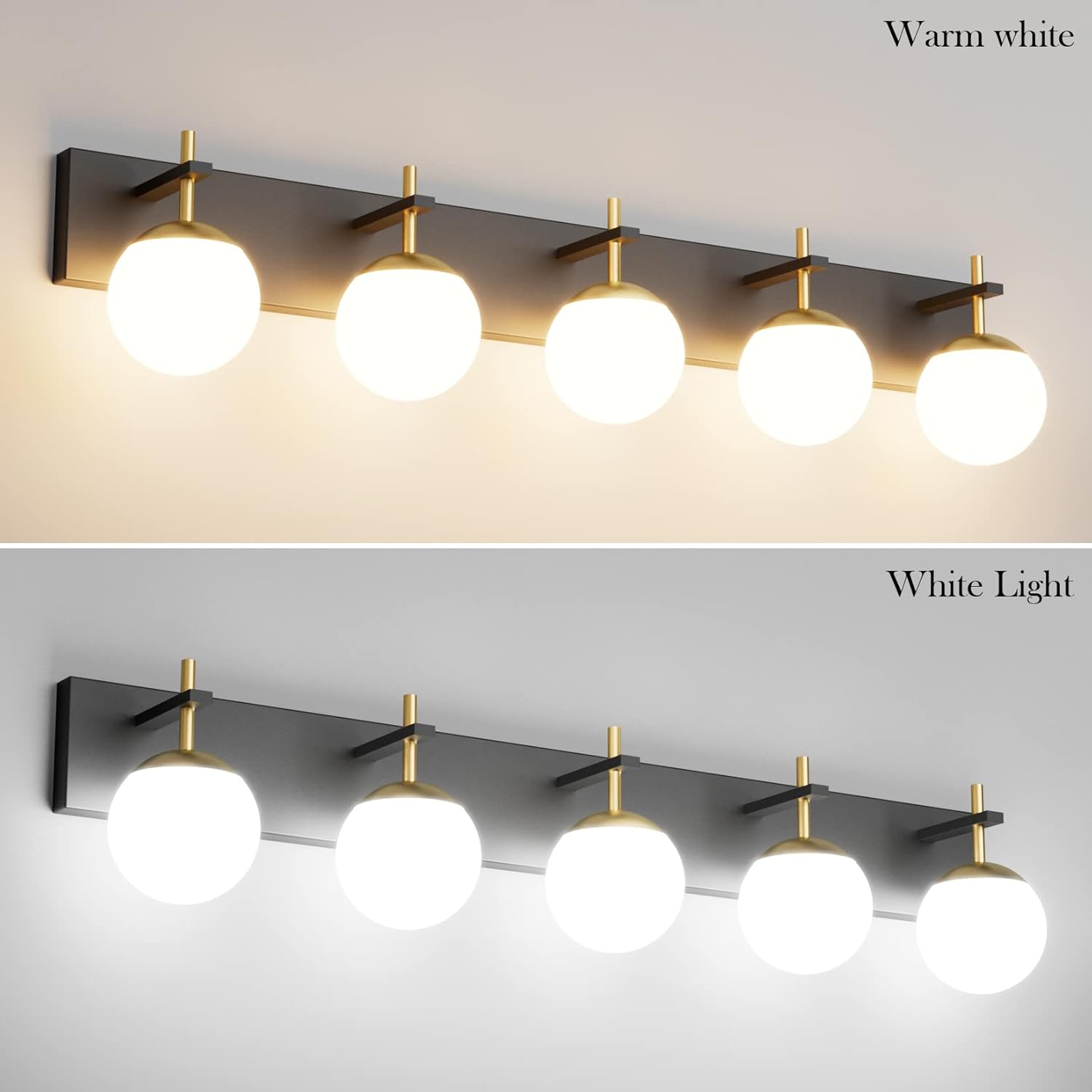 Mid Century Modern Vanity Lights for Bathroom 5-Light Milky Glass Globe Modern Bathroom Vanity Lights Over Long Mirror, Black/Golden Bathroom Wall Light Fixture (Exclude Bulb)