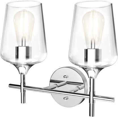 Chrome Bathroom Light Fixtures 2-Lights with Clear Glass Modern Wall Mount Lighting Industrial Farmhouse Bathroom Vanity Lights Wall Sconce Chrome