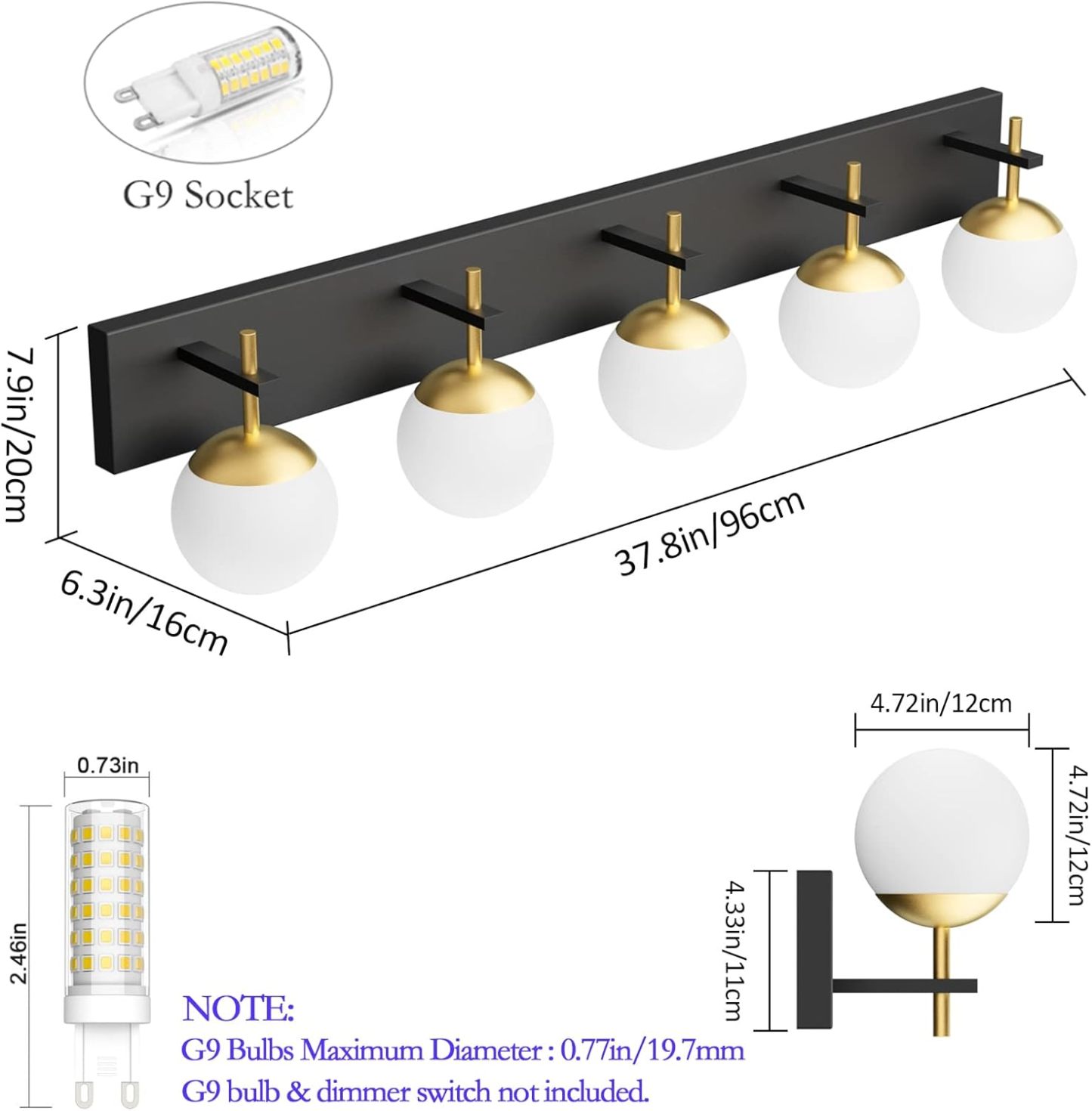 Mid Century Modern Vanity Lights for Bathroom 5-Light Milky Glass Globe Modern Bathroom Vanity Lights Over Long Mirror, Black/Golden Bathroom Wall Light Fixture (Exclude Bulb)