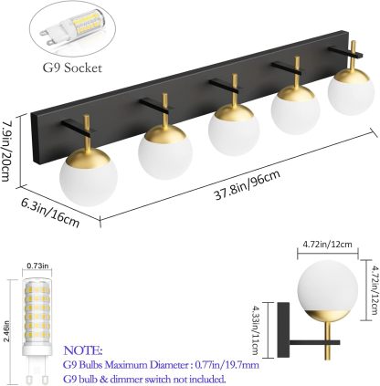 Mid Century Modern Vanity Lights for Bathroom 5-Light Milky Glass Globe Modern Bathroom Vanity Lights Over Long Mirror, Black/Golden Bathroom Wall Light Fixture (Exclude Bulb)