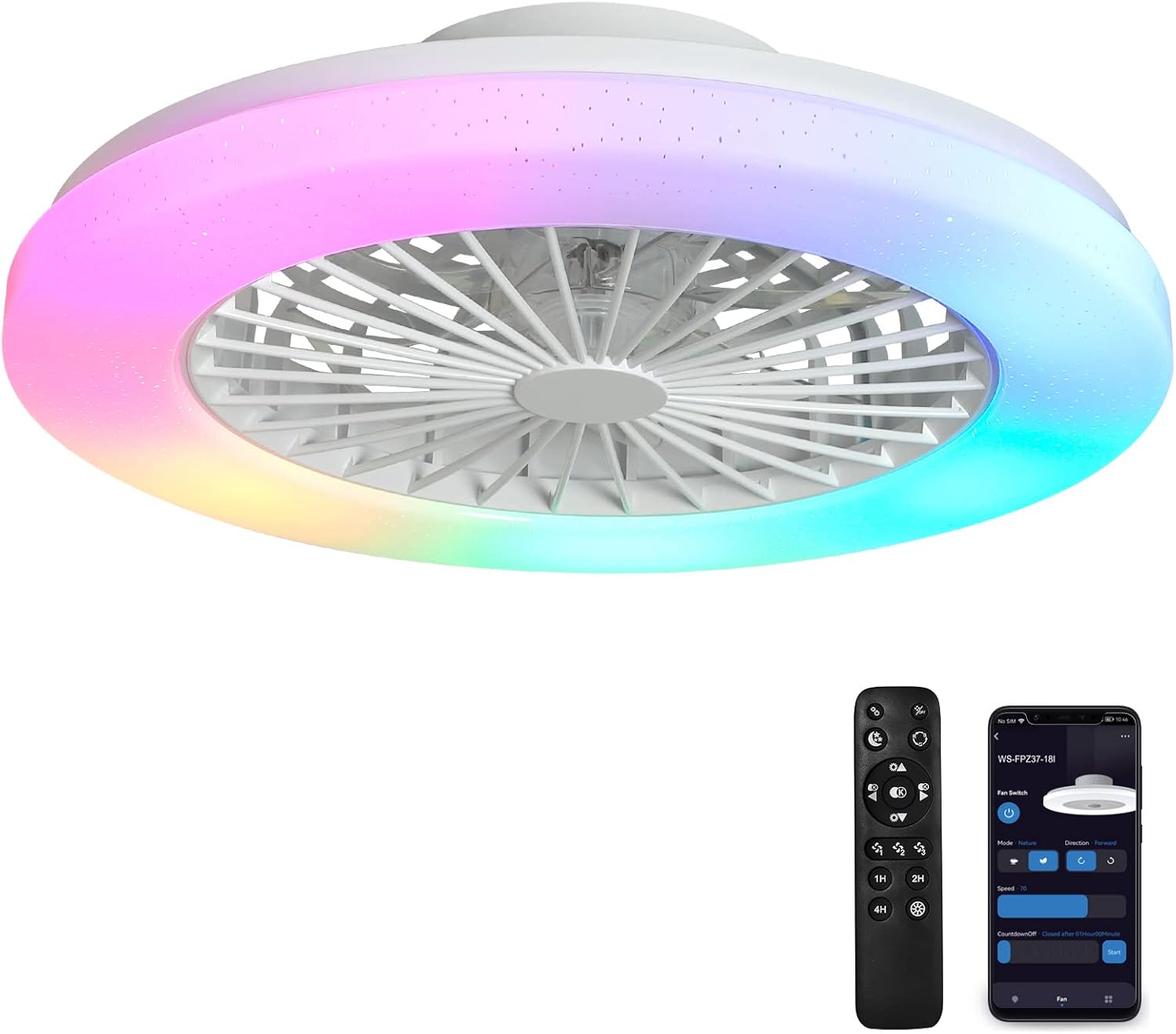 Low Profile Ceiling Fan with Light Smart Bladeless Ceiling Fans with RGB Lights Changing LED 3 Wind Speeds Festival Ambient 22 Inch Flush Mount Fan Light