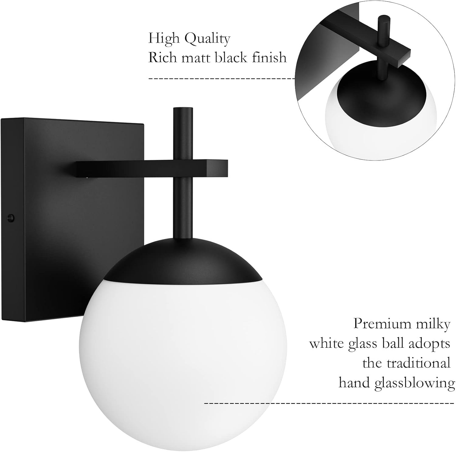 Matte Black Wall Sconce, Mid Century Modern Black Wall Light Fixtures Milky Glass Indoor Wall Lamp for Home Decor Bathroom Kitchen Living Room Vanity Hallway (Exclude Bulb)