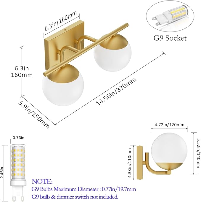 Gold Bathroom Vanity Light 2-Light Mid Century Modern Bathroom Vanity Light Fixtures Gold Milky Glass Globe Bathroom Wall Light