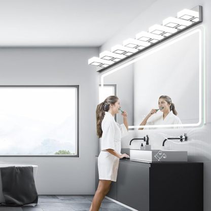 52" Modern Chrome Vanity Lights 8 Lights Acrylic Stainless Steel LED Vanity Light Fixtures Chrome Bathroom Lighting Over Mirror