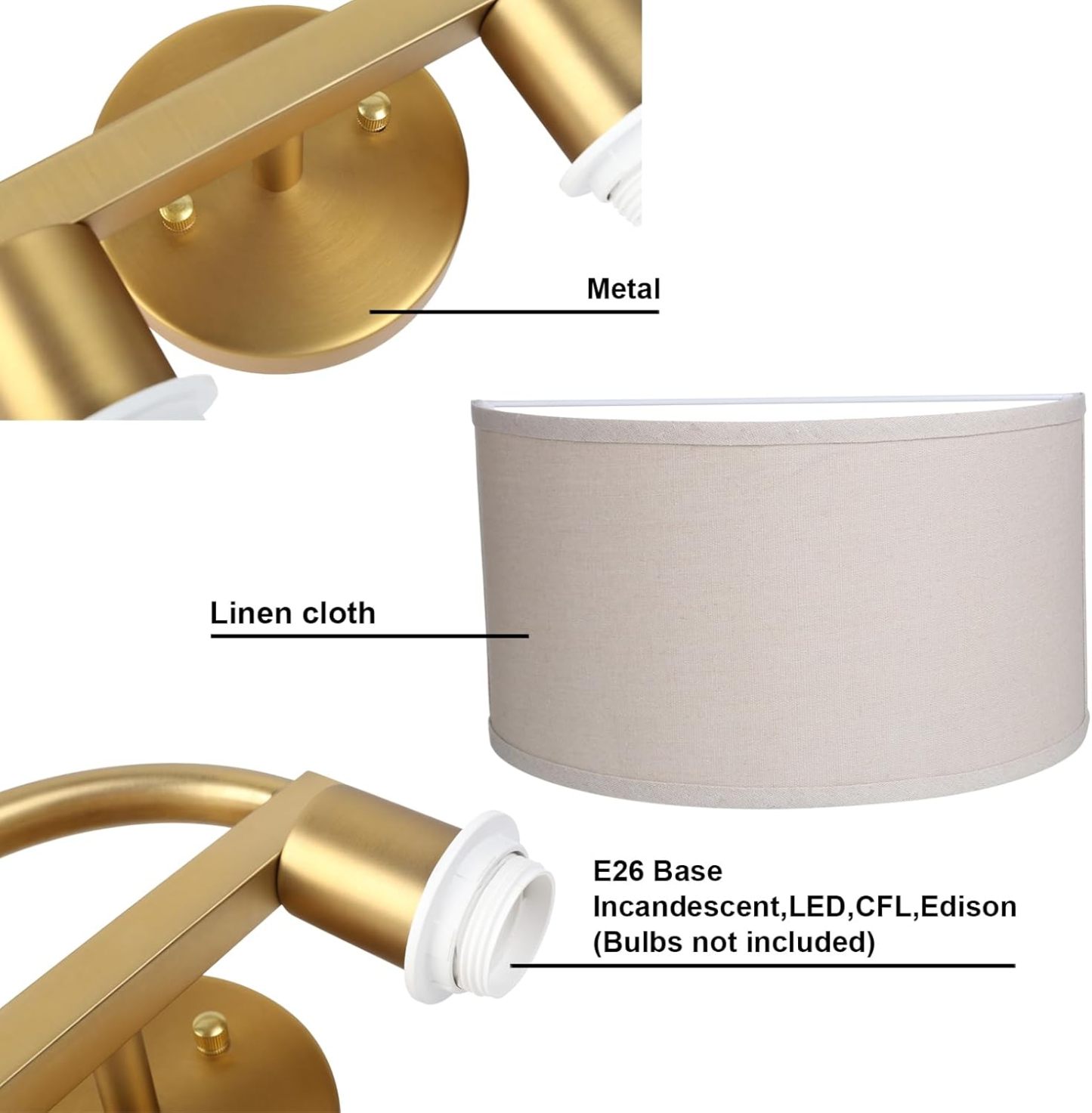 Linen Boho Wall Sconce Bedside Fixture Light, 2-Light Gold Brass Dual Indoor Hardwired Vanity Vintage Industrial Wall Mount Lamp