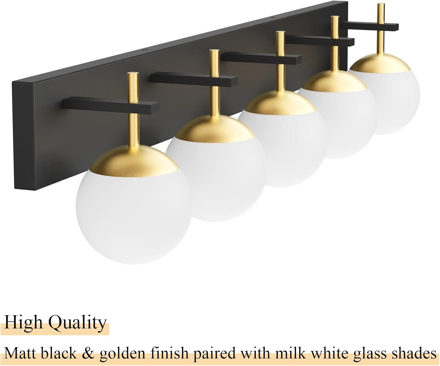 Mid Century Modern Vanity Lights for Bathroom 5-Light Milky Glass Globe Modern Bathroom Vanity Lights Over Long Mirror, Black/Golden Bathroom Wall Light Fixture (Exclude Bulb)