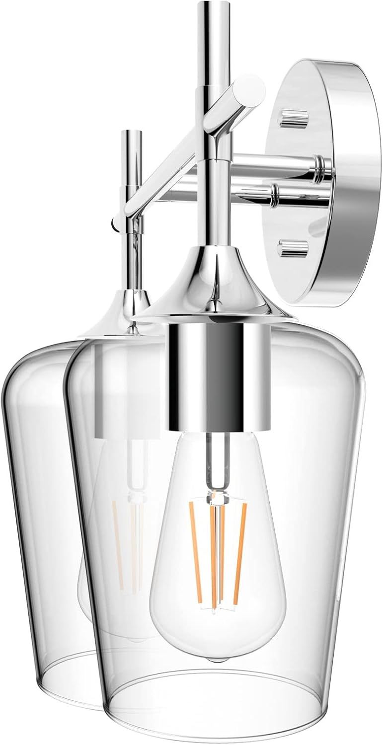 Chrome Bathroom Light Fixtures 2-Lights with Clear Glass Modern Wall Mount Lighting Industrial Farmhouse Bathroom Vanity Lights Wall Sconce Chrome