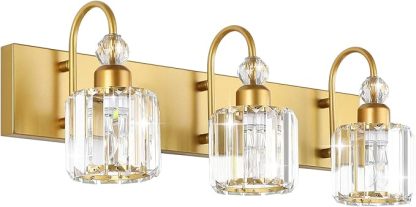 Gold Bathroom Vanity Lights 3-Lights Gold Crystal Vanity Lights Over Mirror Modern Crystal Bathroom Vanity Lighting Fixtures