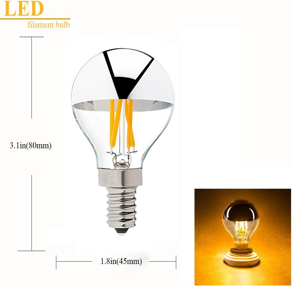 G45 Edison Style LED Bulb 4W - Silver Tipped LED Filament Light Bulb - 40 Watt Equivalent - E12 Candelabra Base Lamp - Warm White 2700K UL-Non Dimmable - 10Pack
