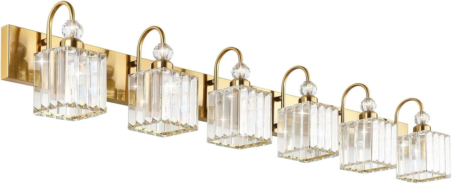 Modern Gold Vanity Lights for Bathroom 6-Lights Gold Crystal Bathroom Vanity Lights Over Long Mirror Modern Gold Crystal Bathroom Lighting Fixtures