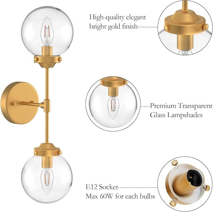 Rustic Gold Wall Sconces 2 Light Industrial Gold Wall Light Fixture Vintage Style Clear Glass Globe Gold Bathroom Light Fixtures (Exclude Bulb)