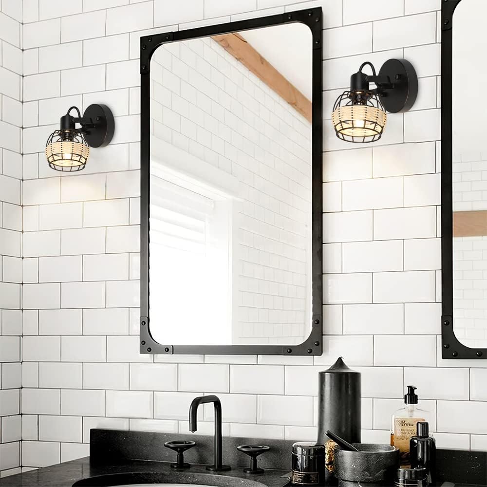 Rustic Cage Wall Spotlight Fixture, Adjustable Heads Wall Sconce, Wall Lamp with Plug in Cord and On/Off Switch E12 Base for Bedroom Bathroom Kitchen Stair Lighting