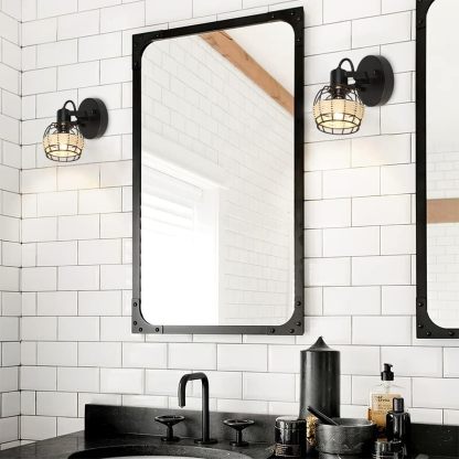 Rustic Cage Wall Spotlight Fixture, Adjustable Heads Wall Sconce, Wall Lamp with Plug in Cord and On/Off Switch E12 Base for Bedroom Bathroom Kitchen Stair Lighting