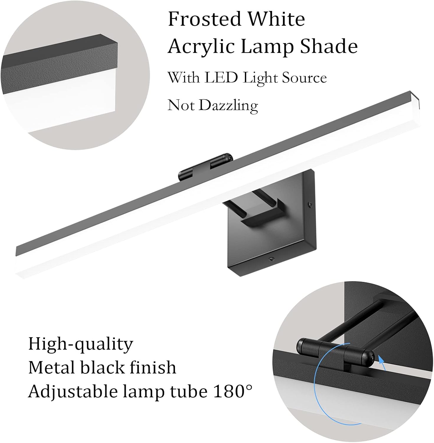 24" LED Modern Black Vanity Light 14W Adjustable Matte Black Bathroom Vanity Light Modern LED Bathroom Vanity Light Fixtures Over Mirror (6000K Cool White Light)