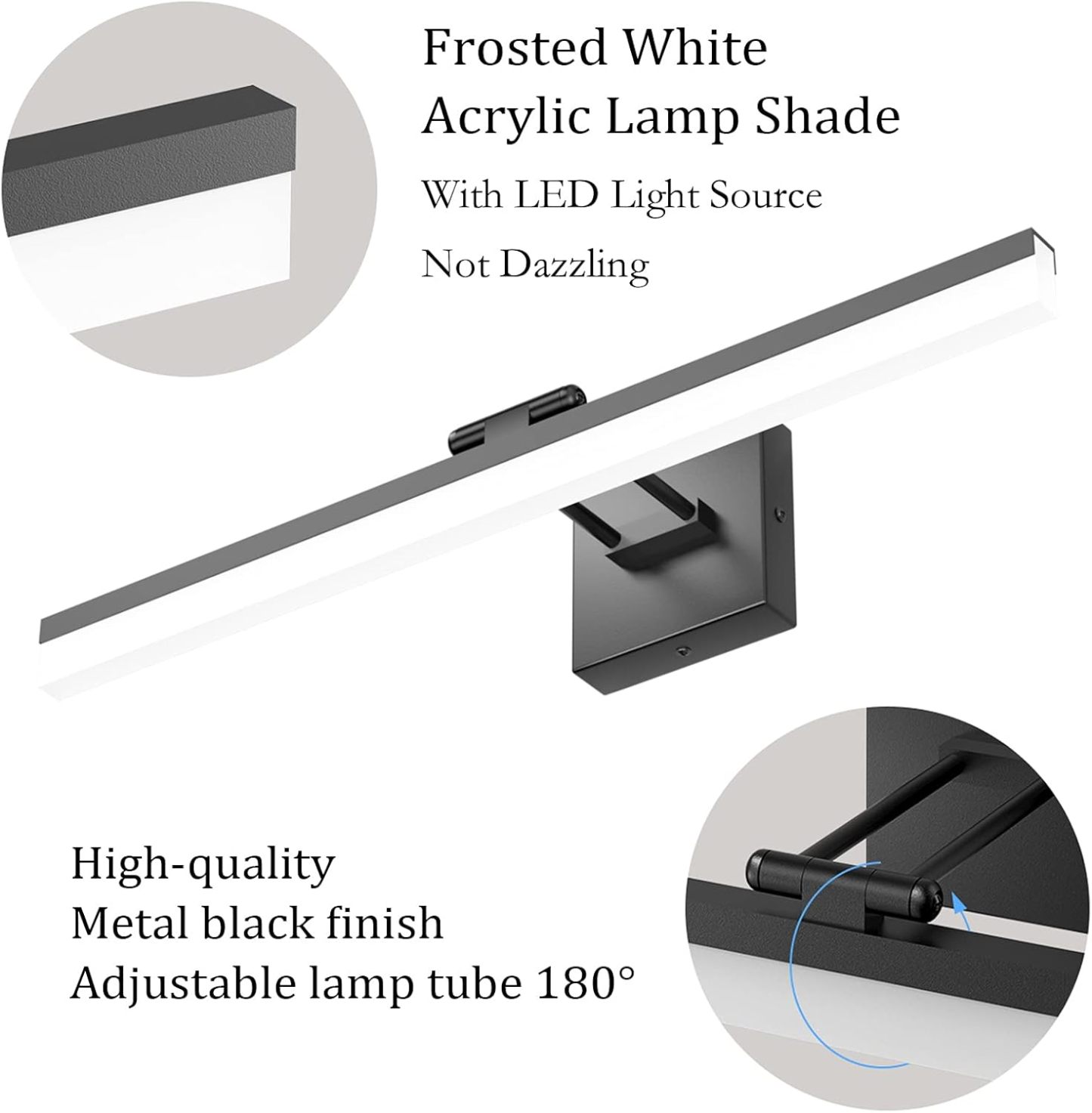 24" LED Modern Black Vanity Light 14W Adjustable Matte Black Bathroom Vanity Light Modern LED Bathroom Vanity Light Fixtures Over Mirror (6000K Cool White Light)