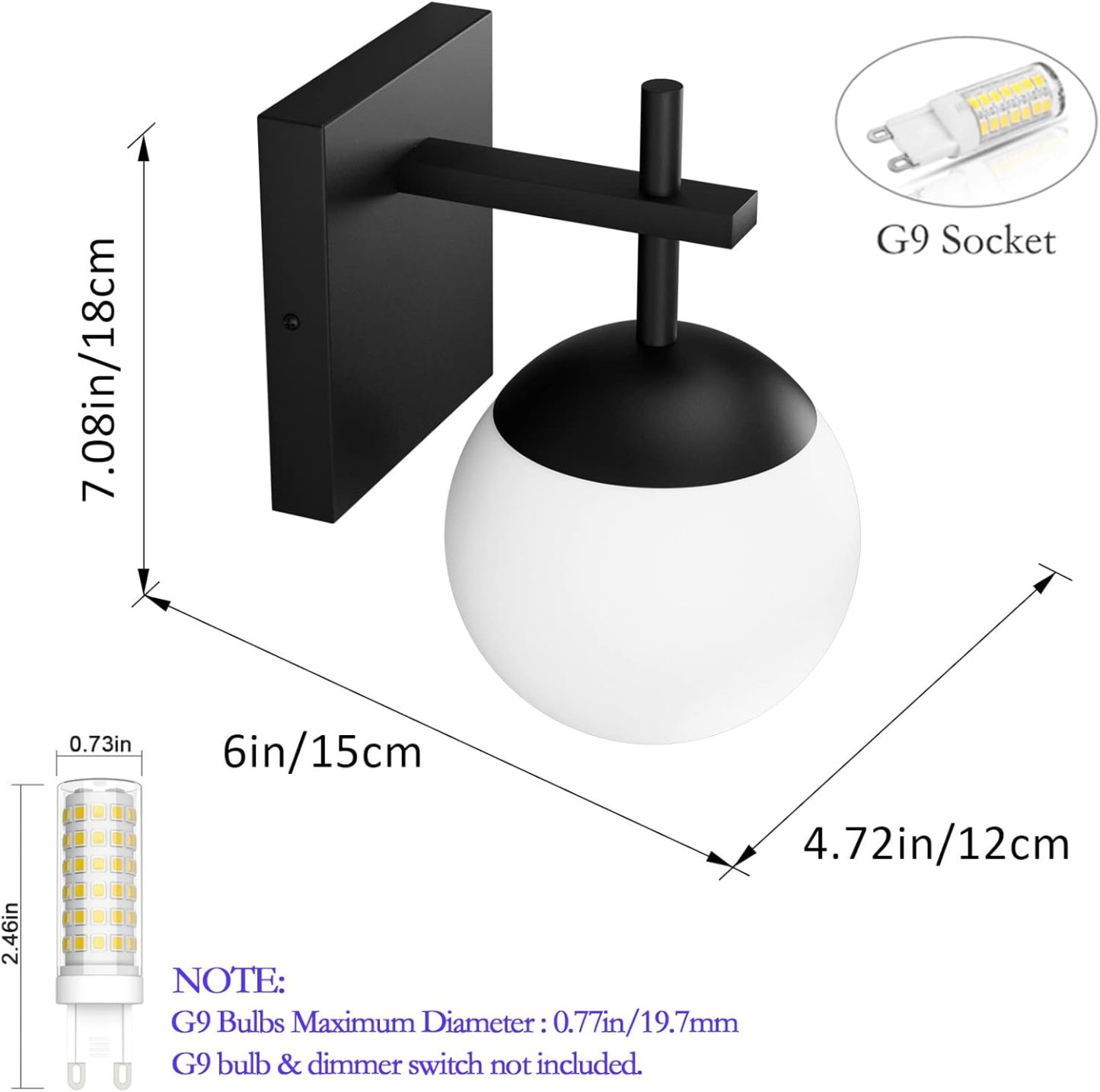 Matte Black Wall Sconce, Mid Century Modern Black Wall Light Fixtures Milky Glass Indoor Wall Lamp for Home Decor Bathroom Kitchen Living Room Vanity Hallway (Exclude Bulb)