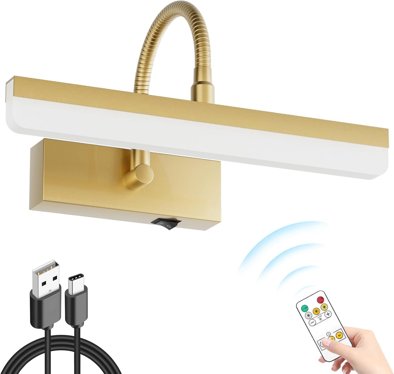 Gold Picture Light,Battery Operated LED Gold Painting Light with Remote, Rotatable Light Tube with 3 Lighting Modes, Dimmable Display Light with Timer for Painting Picture Frame Portrait Art