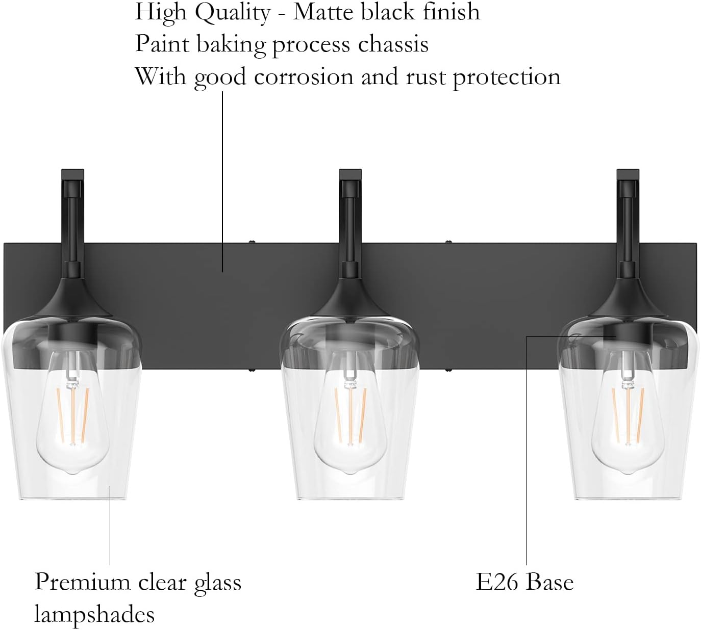 Matte Black Vanity Light Fixtures 3-Lights Industrial Black Bathroom Vanity Light with Clear Glass Vintage Edison Bathroom Wall Lighting Fixtures