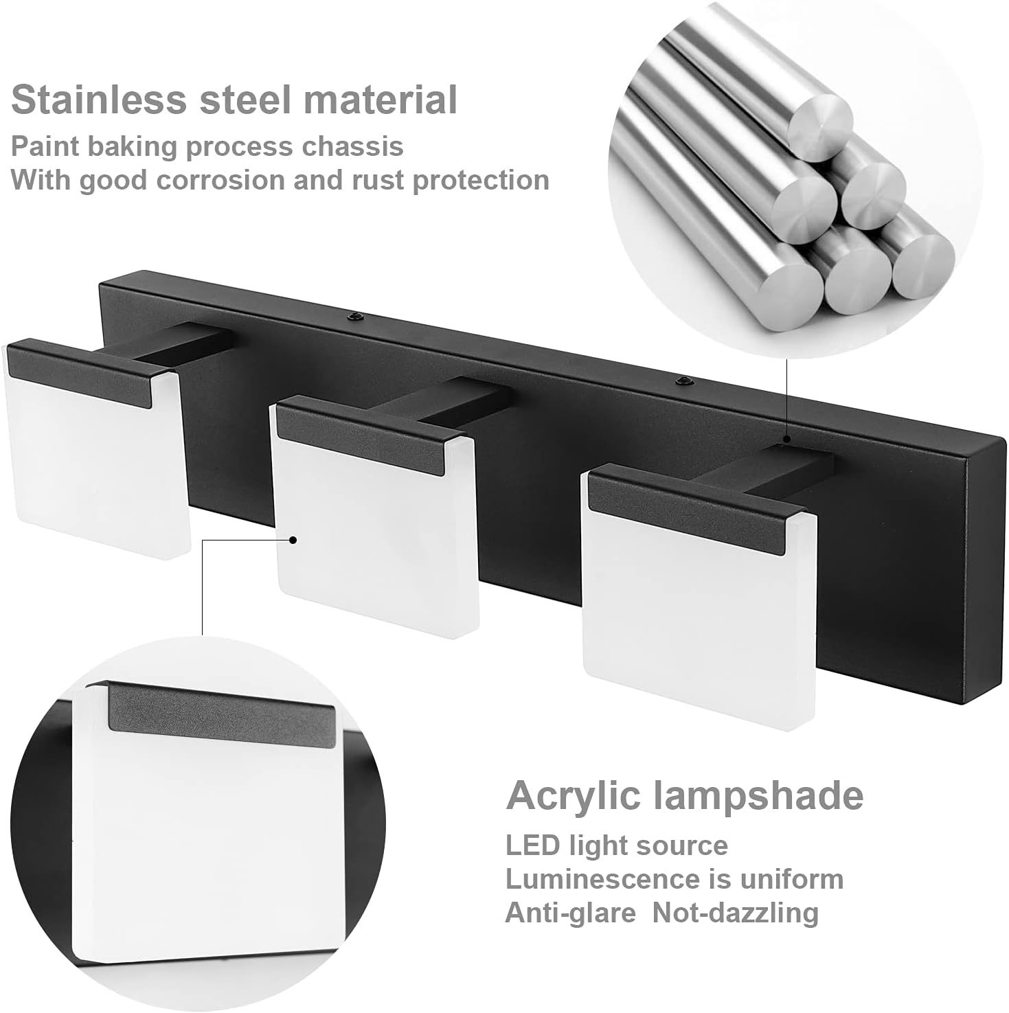 LED Modern Black Vanity Light 3 Light Acrylic Matte Black Bathroom Vanity Wall Light Modern Black Bathroom Vanity Lighting Fixtures