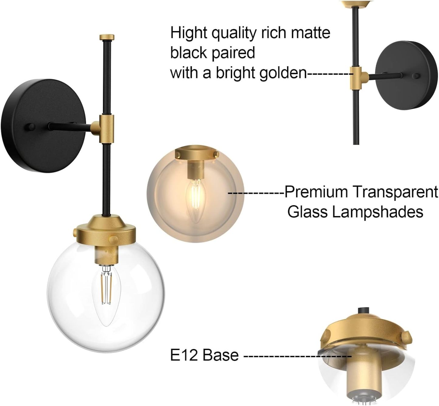 Black Gold Wall Sconce Indoor Industrial Globe Wall Light Fixture Clear Glass Globe Wall Lamp for Bathroom Kitchen Living Room Vanity Hallway (Exclude Bulb)