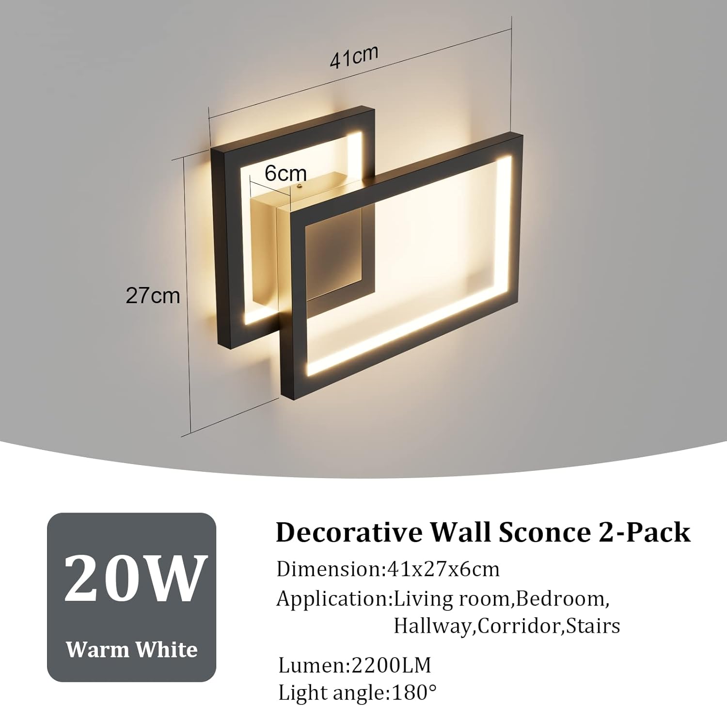 2-Pack Modern Indoor Wall Sconce 20W Aluminum Up and Down LED Modern Black Wall Sconce for Indoor Living Room Bedroom Hallway (Warm White Light, 3000K)