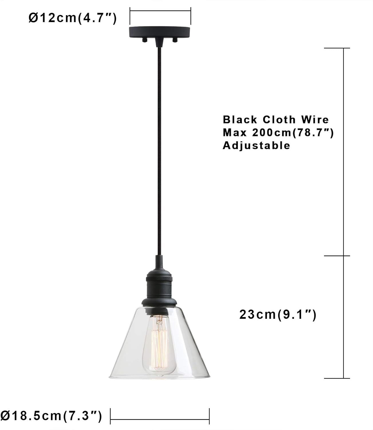 1-Light Vintage Edison Hanging Pendant Light, Mini Semi Flush Mount Light Fixture Funnel Flared Clear Glass Shade for Kitchen Bathroom Porch Living Room Dinning Room Hotels Bar Island(Black)