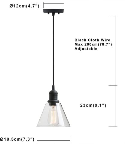 1-Light Vintage Edison Hanging Pendant Light, Mini Semi Flush Mount Light Fixture Funnel Flared Clear Glass Shade for Kitchen Bathroom Porch Living Room Dinning Room Hotels Bar Island(Black)