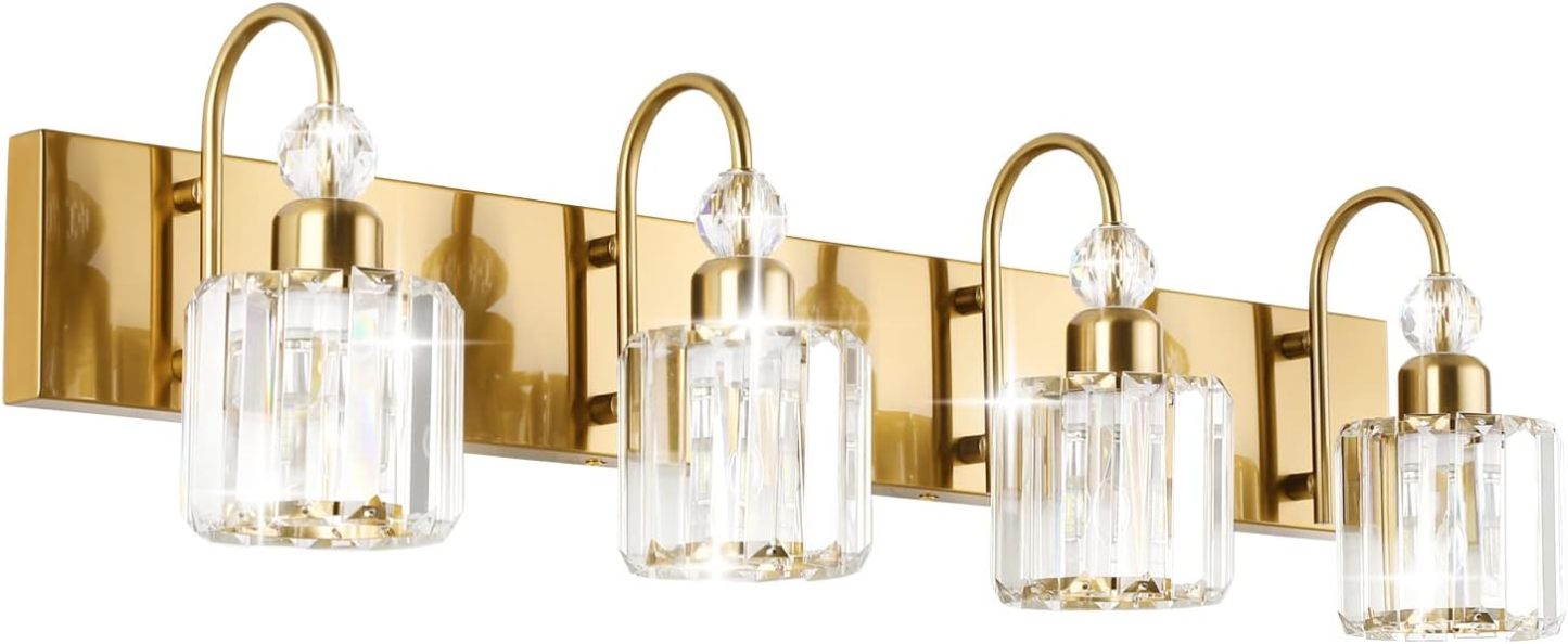 Brass Gold Vanity Lights for Bathroom 4-Lights Brass Gold Crystal Bathroom Vanity Lights Over Mirror Modern Crystal Bathroom Wall Lighting Fixtures