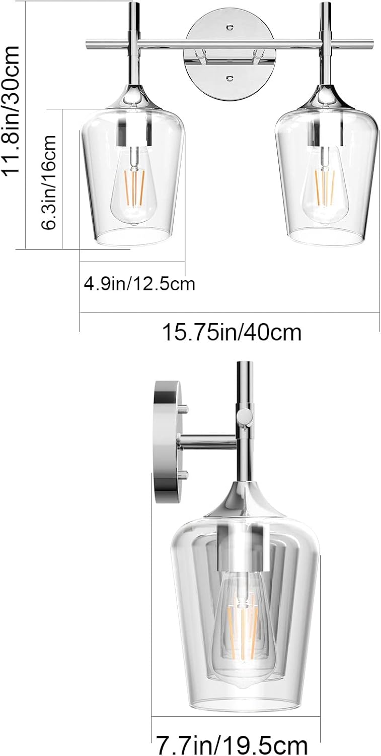 Chrome Bathroom Light Fixtures 2-Lights with Clear Glass Modern Wall Mount Lighting Industrial Farmhouse Bathroom Vanity Lights Wall Sconce Chrome