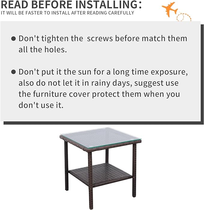 Outdoor Wicker Glass Top Side Table - Garden Metal Square Tea Table with Storage