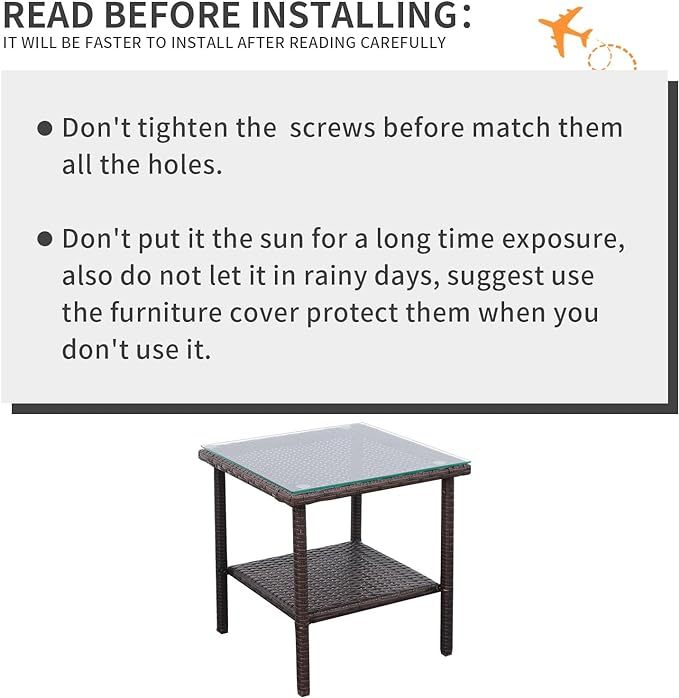 Outdoor Wicker Glass Top Side Table - Garden Metal Square Tea Table with Storage