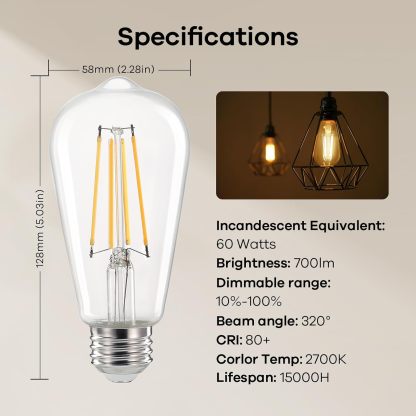 Edison Light Bulbs Dimmable, 60W Equivalent E26 Vintage Edison LED Light Bulbs 6 Packs