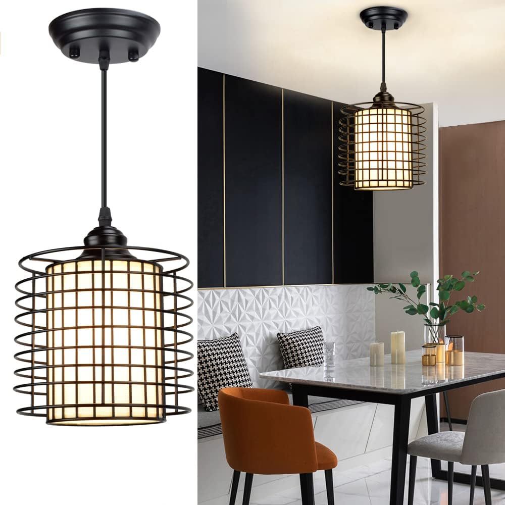 Vintage Adjustable Pendant Lighting, 6.88 Inch Metal Hanging Pendant Light Fixture with Cage Shade, Retro Ceiling Hanging Dining Light Fixture for kitchen island/Dining Hall/Hallway/Bar, E26 Base