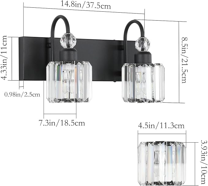 Black Vanity Light 2-Lights Modern Crystal Vanity Lights for Bathroom Matte Black Crystal Wall Light Fixtures Modern Black Crystal Bathroom Light Fixtures