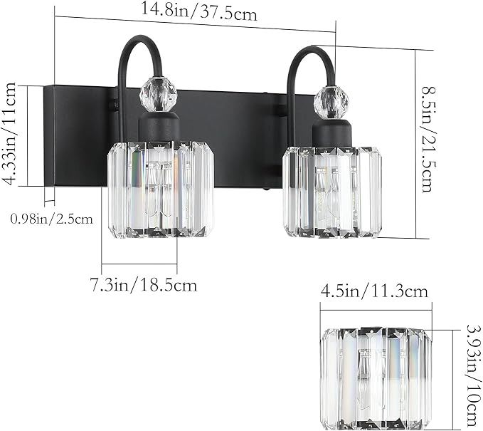 Black Vanity Light 2-Lights Modern Crystal Vanity Lights for Bathroom Matte Black Crystal Wall Light Fixtures Modern Black Crystal Bathroom Light Fixtures