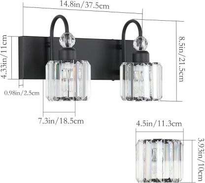 Black Vanity Light 2-Lights Modern Crystal Vanity Lights for Bathroom Matte Black Crystal Wall Light Fixtures Modern Black Crystal Bathroom Light Fixtures