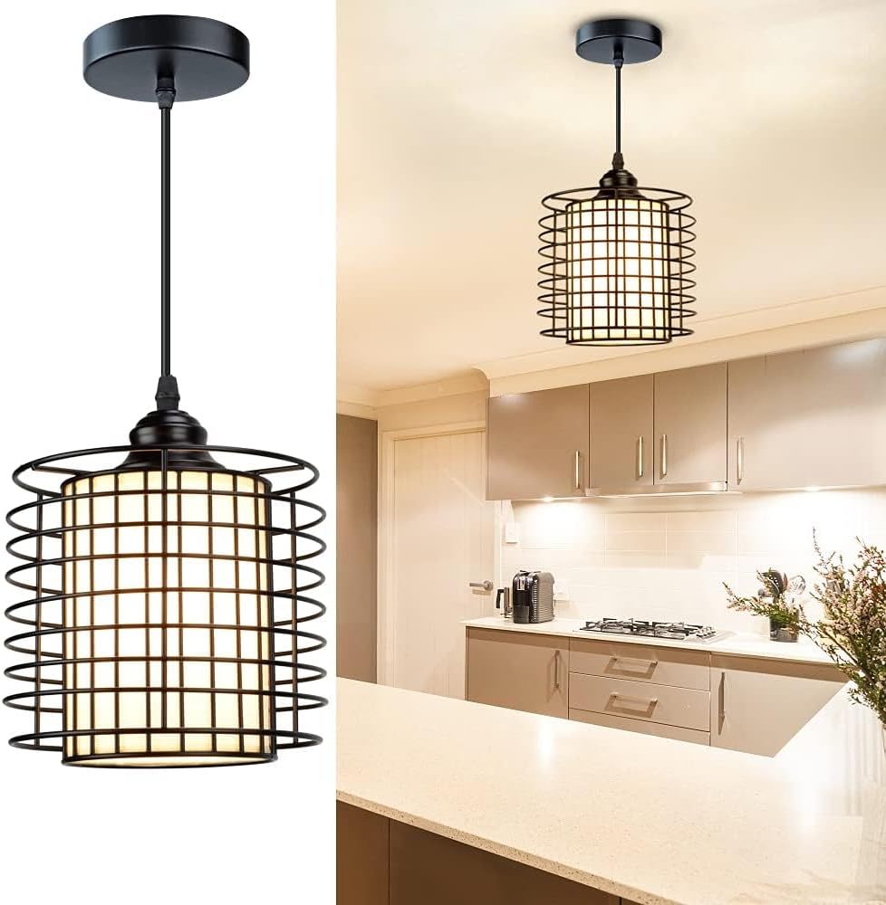 Vintage Adjustable Pendant Lighting, 6.88 Inch Metal Hanging Pendant Light Fixture with Cage Shade, Retro Ceiling Hanging Dining Light Fixture for kitchen island/Dining Hall/Hallway/Bar, E26 Base