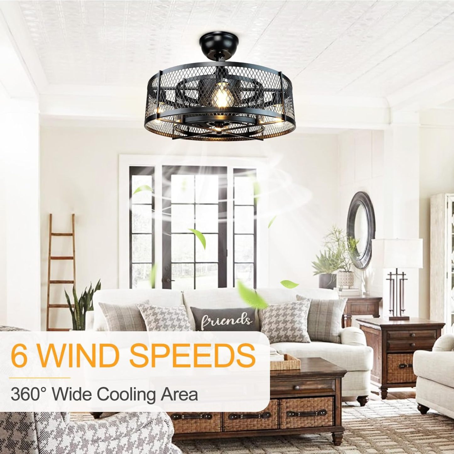 20 Inch Caged Ceiling Fan with Light, Farmhouse Ceiling Fan Lights with Remote, Industrial Ceiling Fans for Living Room, Bedroom, Kitchen, 6 Speeds Wind, Timer, 4xE26 Bulb Base, Black (No Bulb)
