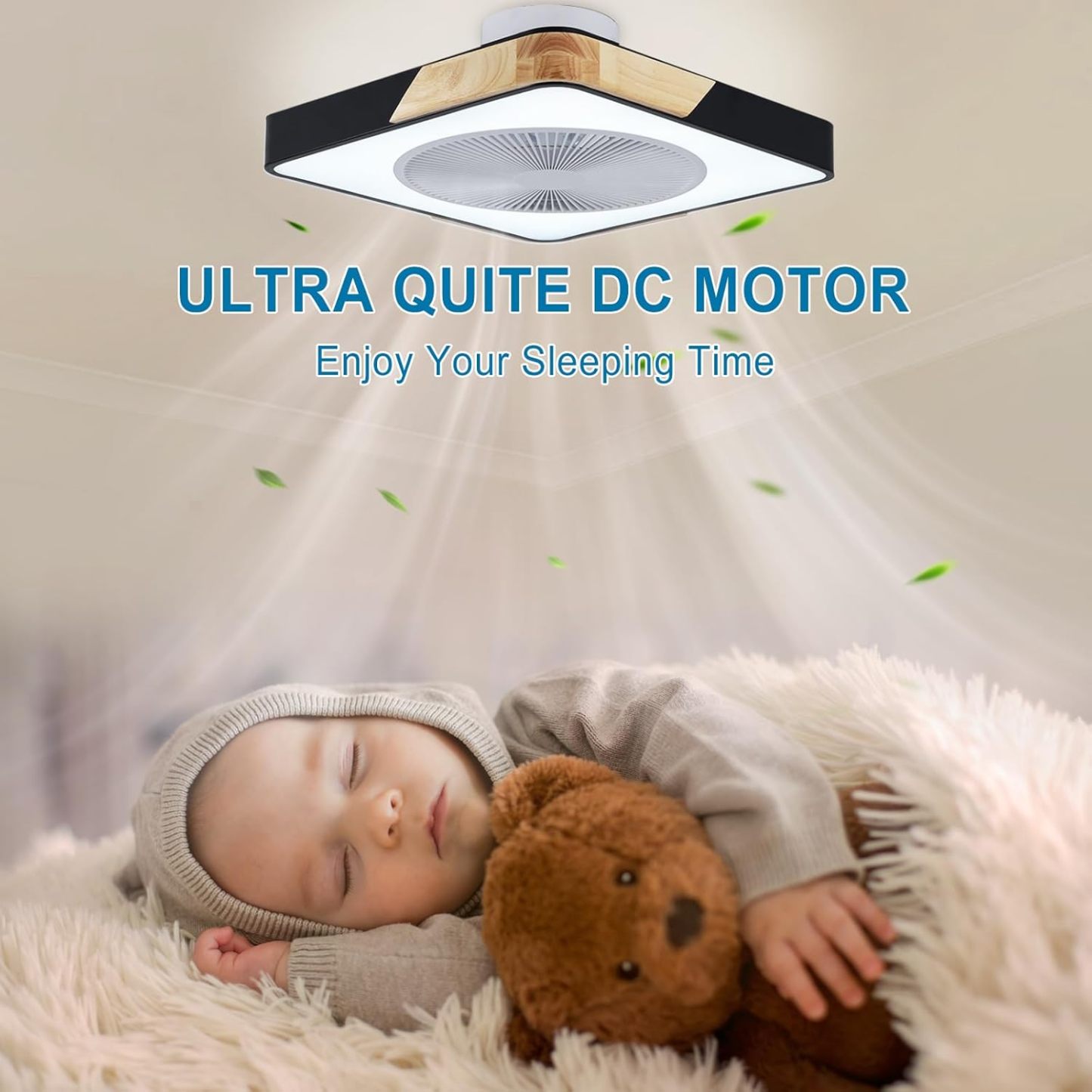 Ceiling Fan Mount for Bedroom: 20 Inch Square Bladeless Ceiling Fan with Light and Remote for Living Room Kitchen Dining Room - Modern Enclosed Led Fandelier with App Timing Dimmable Black