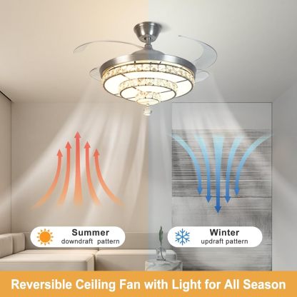 42'' Crystal Ceiling Fan with Light, 36W Modern Reversible Ceiling Fan Remote, 3-Blade Retractable LED Fan Chandelier