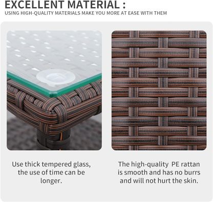 Outdoor Wicker Glass Top Side Table - Garden Metal Square Tea Table with Storage