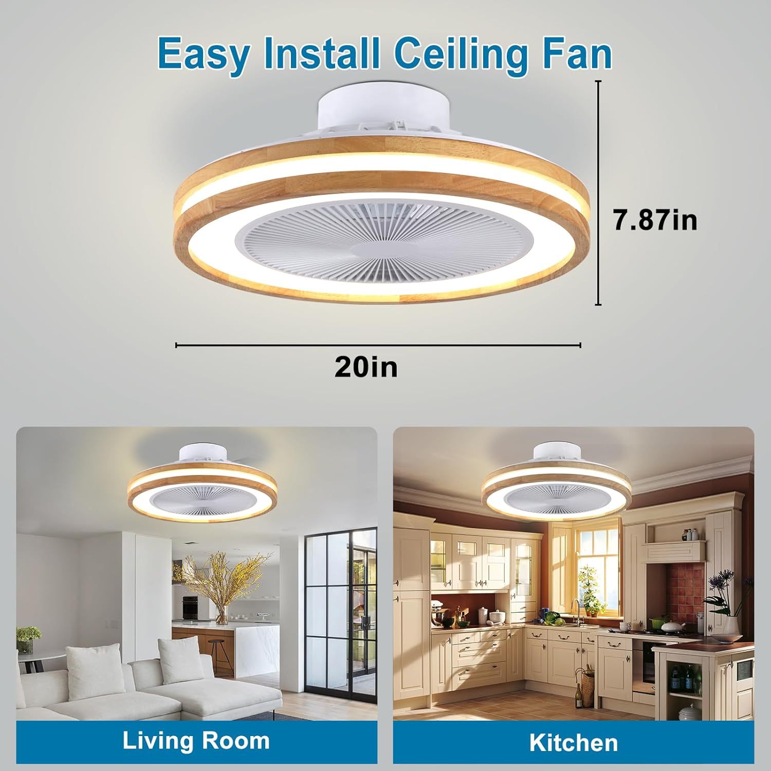 Ceiling Fan Mount for Bedroom: 20 Inch Wooden Bladeless Ceiling Fan with Light and Remote for Living Room Kitche - Modern Enclosed Led Fandelier with App Reversible 6 Wind Speed Dimmable