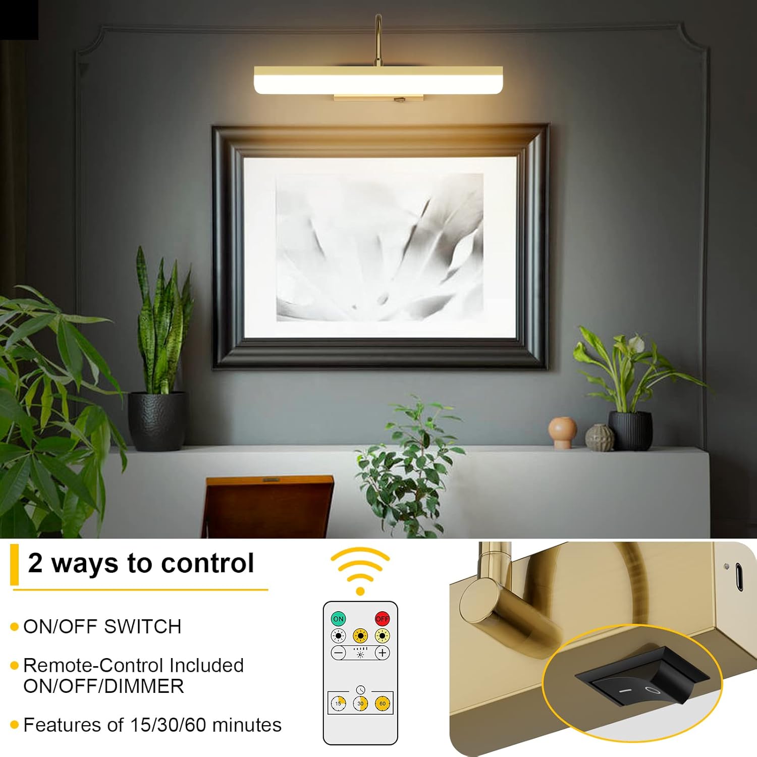 Battery Operated Picture Light Gold Modern LED Dimmable Picture Light with Remote Control Painting Light, 3 Lighting Modes, Rechargeable Battery Pictures Light with Timer