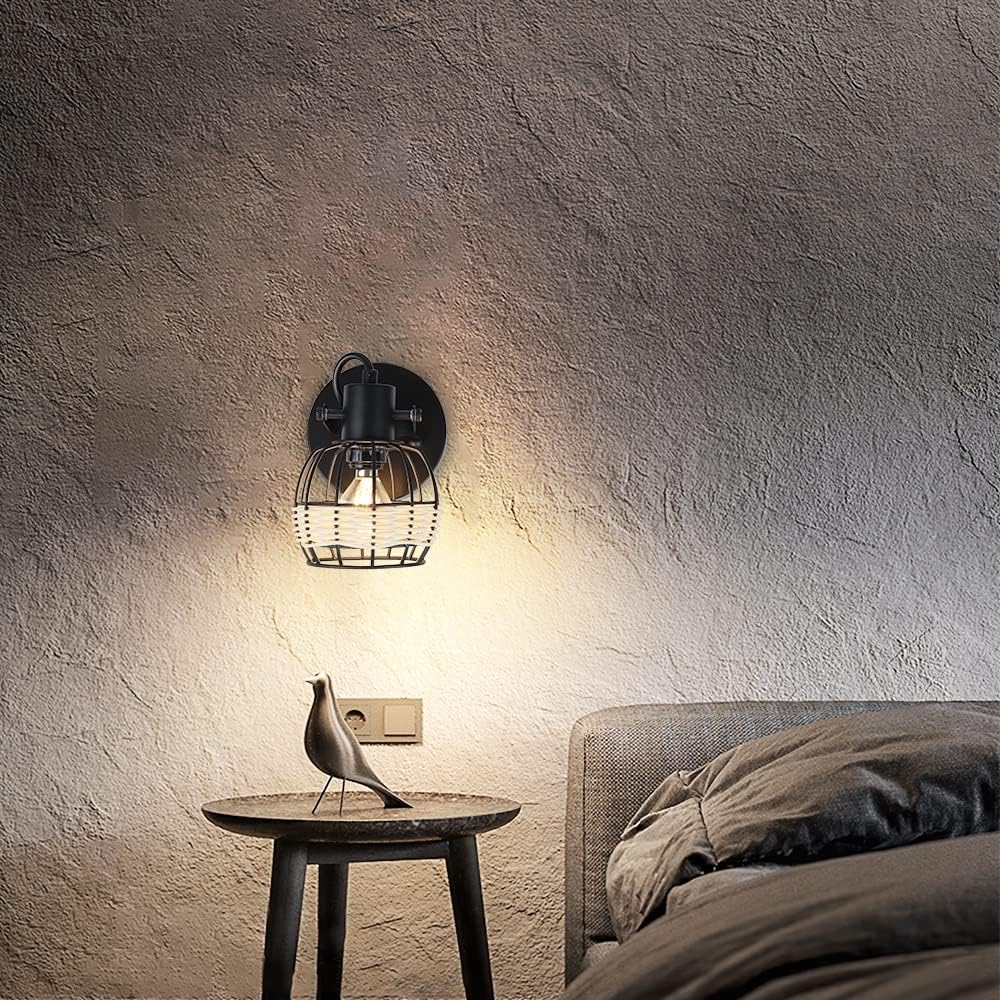 Rustic Cage Wall Spotlight Fixture, Adjustable Heads Wall Sconce, Wall Lamp with Plug in Cord and On/Off Switch E12 Base for Bedroom Bathroom Kitchen Stair Lighting