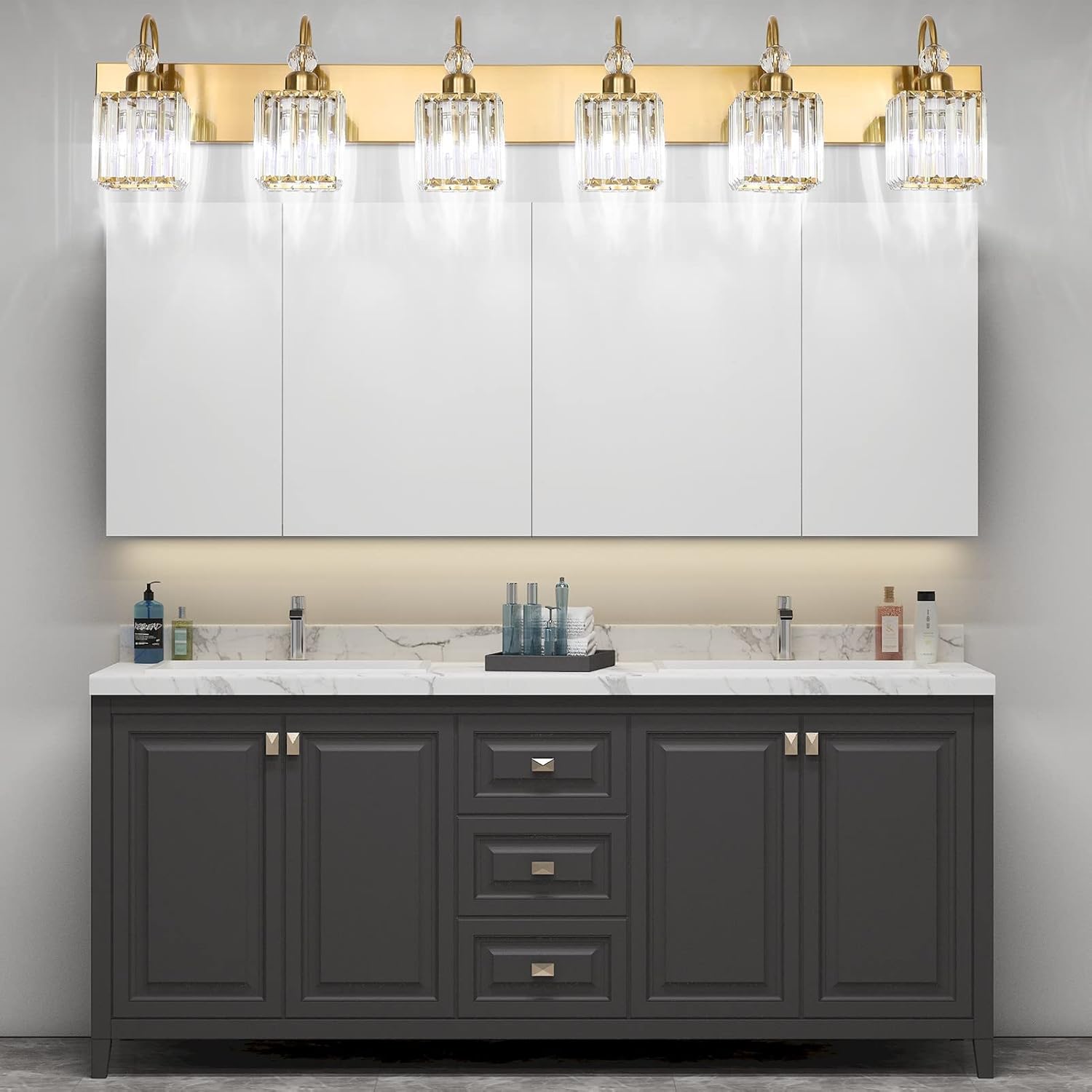 Modern Gold Vanity Lights for Bathroom 6-Lights Gold Crystal Bathroom Vanity Lights Over Long Mirror Modern Gold Crystal Bathroom Lighting Fixtures