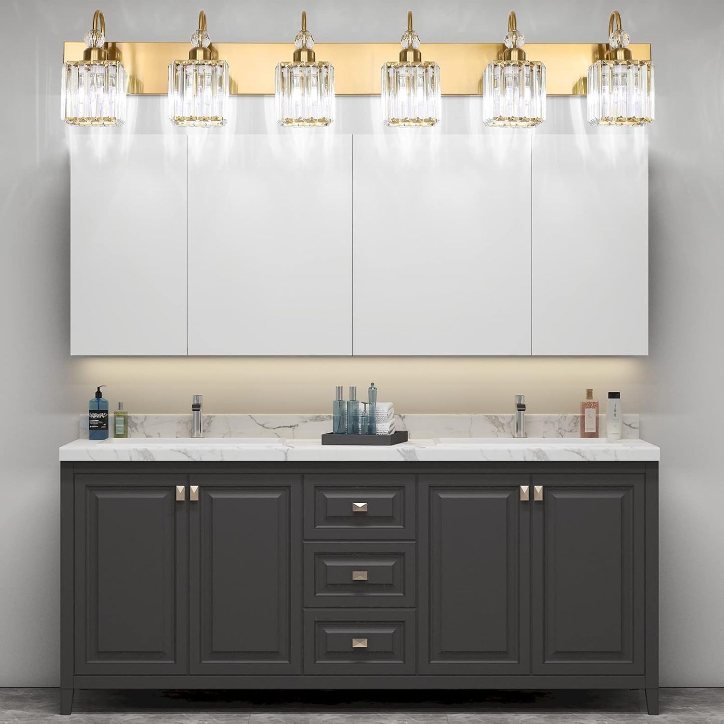Modern Gold Vanity Lights for Bathroom 6-Lights Gold Crystal Bathroom Vanity Lights Over Long Mirror Modern Gold Crystal Bathroom Lighting Fixtures